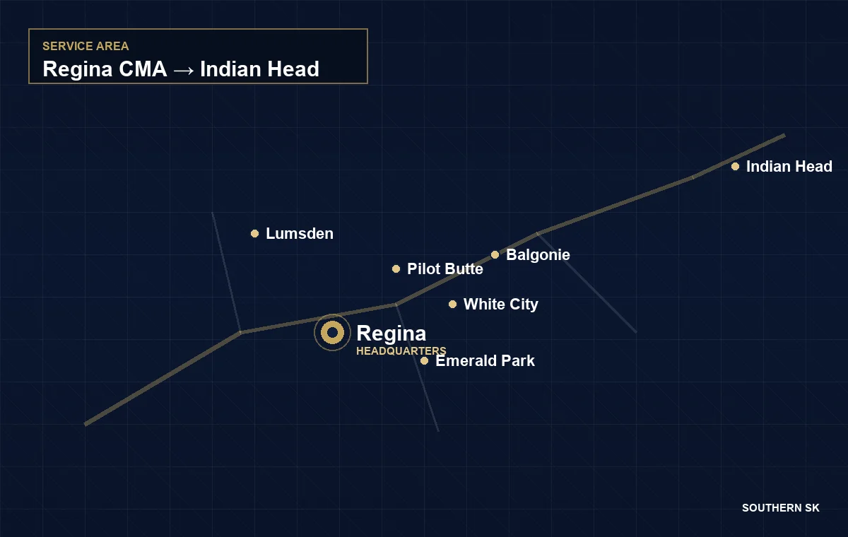 Map of Platinum Plumbing & Heating's service area — Regina CMA out to Indian Head, southern Saskatchewan